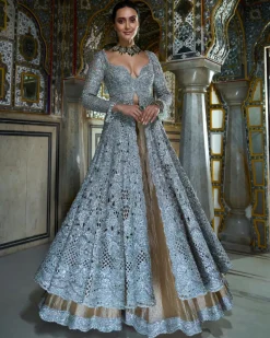 Silver Cut Work Jacket Sharara Set