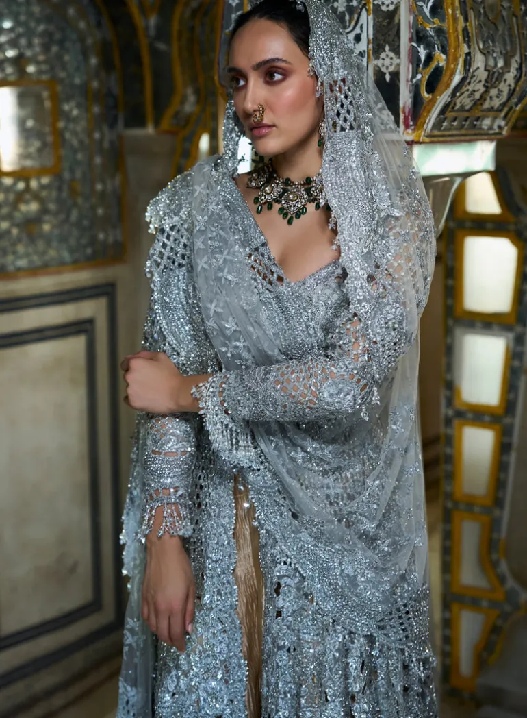 Silver Cut Work Jacket Sharara Set