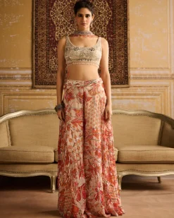Silver Embroidered Blouse And Orange Cosmic Floral Jaal Sharara Set