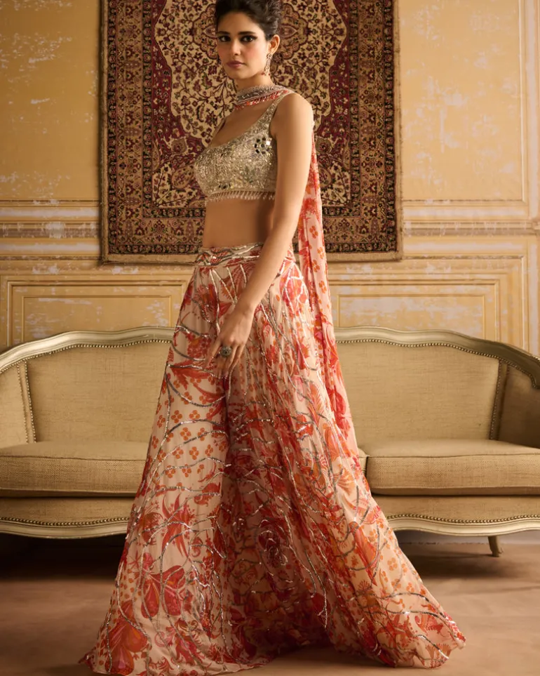 Silver Embroidered Blouse And Orange Cosmic Floral Jaal Sharara Set