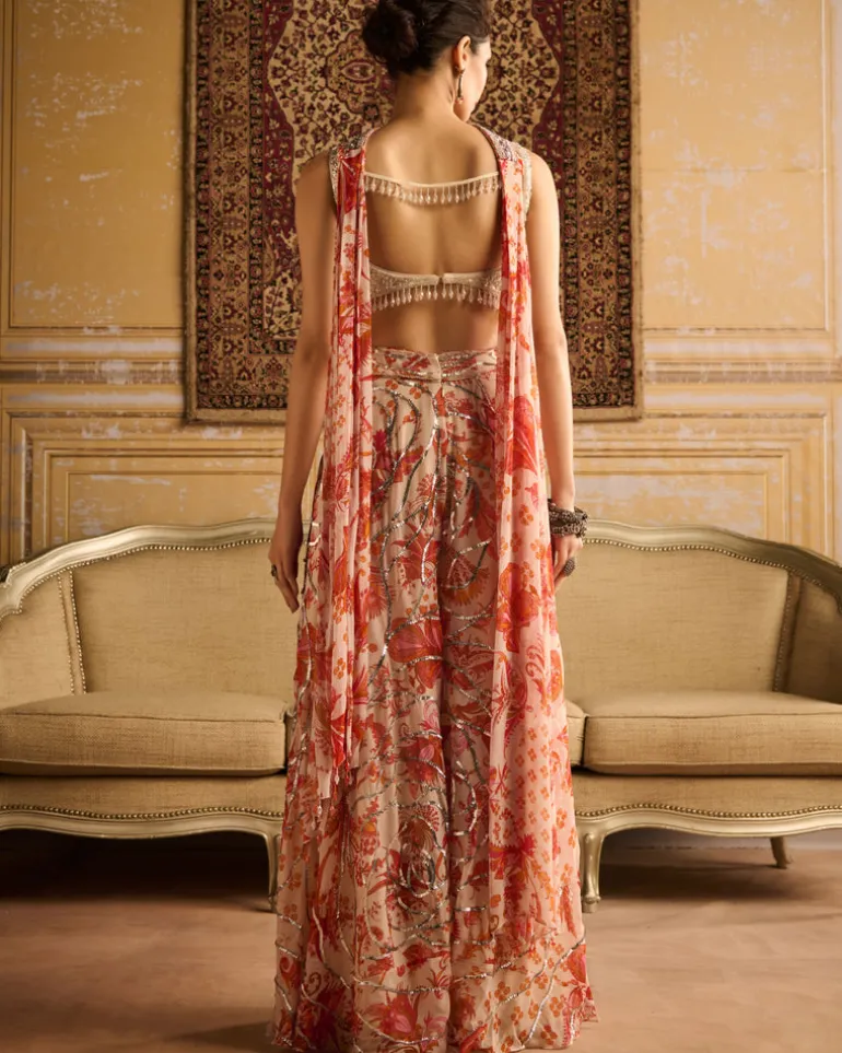 Silver Embroidered Blouse And Orange Cosmic Floral Jaal Sharara Set