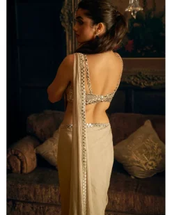 Silver Mirror Work Stitched Sari Set