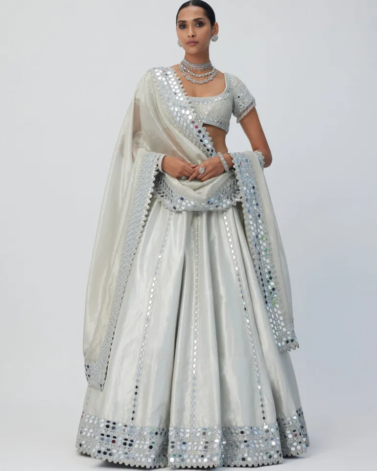 Silver Shimmer Organza Linear Lehenga Set