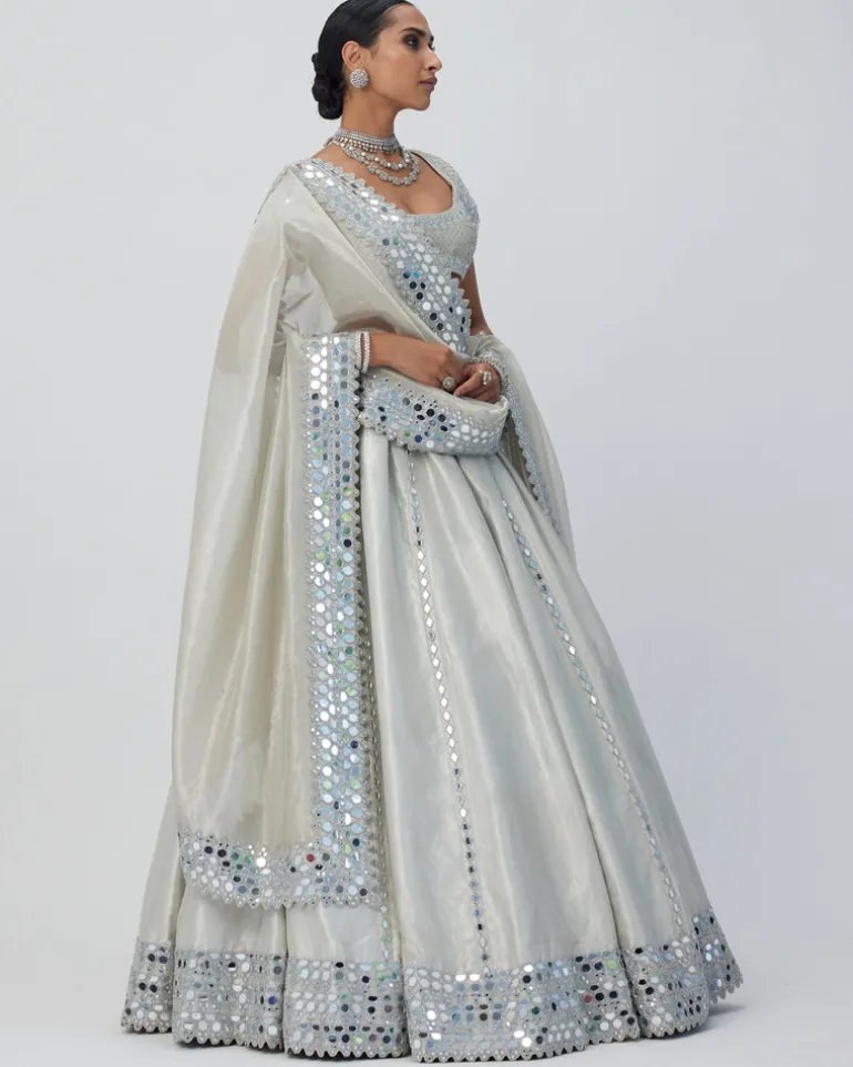 Silver Shimmer Organza Linear Lehenga Set