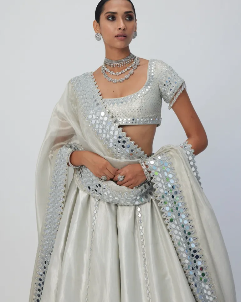 Silver Shimmer Organza Linear Lehenga Set