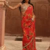 Sindoori Pine Print Hand Embroidered Sari Set