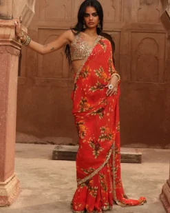 Sindoori Pine Print Hand Embroidered Sari Set