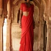 Sindoori Solid Ruffle Sari With Elbow Sleeve Blouse Set