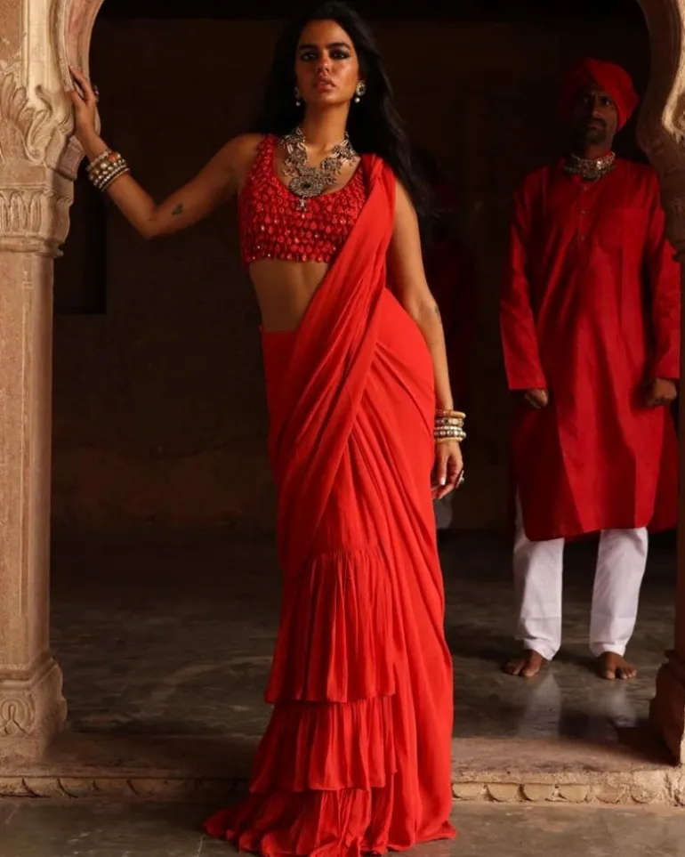 Sindoori Solid Ruffle Sari Set