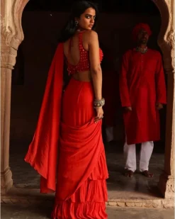 Sindoori Solid Ruffle Sari Set