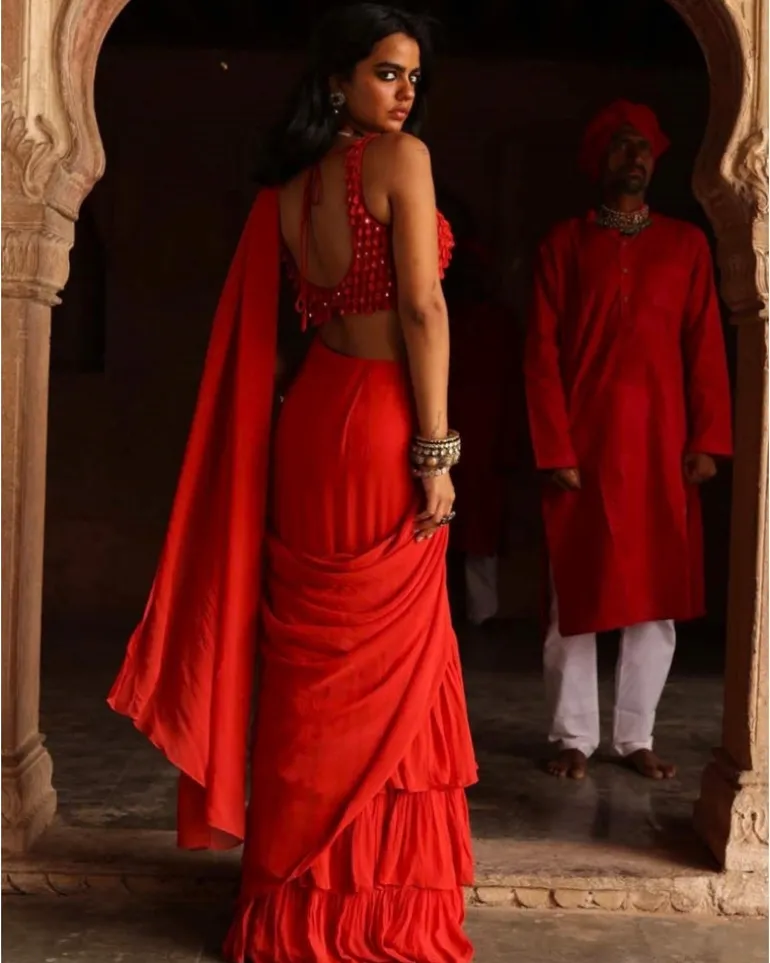 Sindoori Solid Ruffle Sari Set