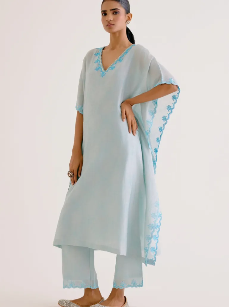 Sky Blue Silk Chanderi Dori Embroidered Kaftan Set