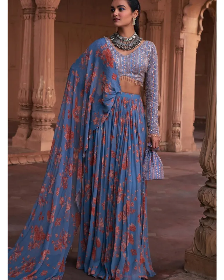 Slate Blue Floral Print And Highlighted Lehenga Sari Set