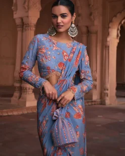 Slate Blue Floral Print and Highlighted Sari Set