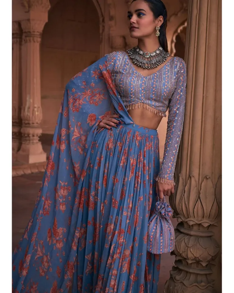 Slate Blue Floral Print And Highlighted Lehenga Sari Set