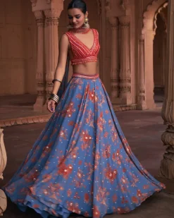Slate Blue Floral Print and Highlighted Lehenga Set