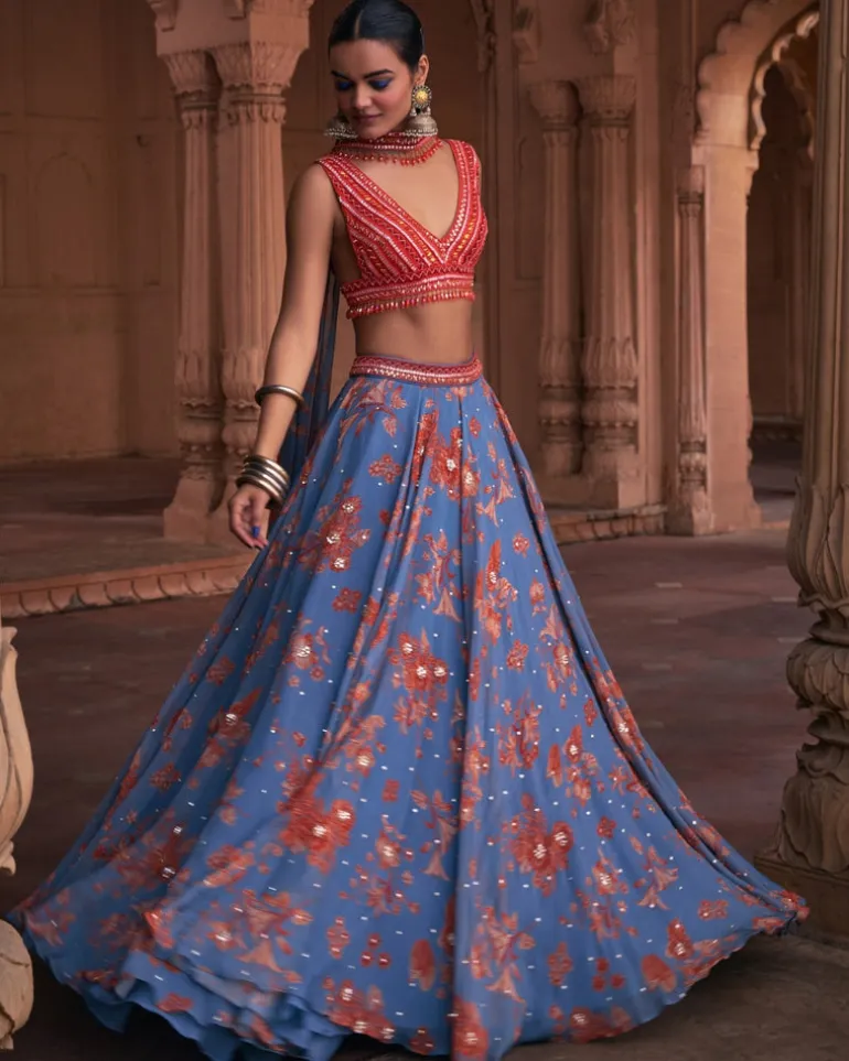 Slate Blue Floral Print and Highlighted Lehenga Set