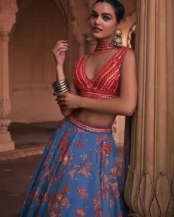 Slate Blue Floral Print and Highlighted Lehenga Set