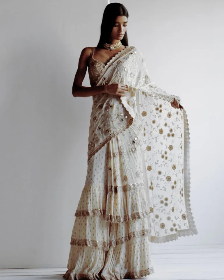 Solid Coconut Embroidered Ruffle Sari Set