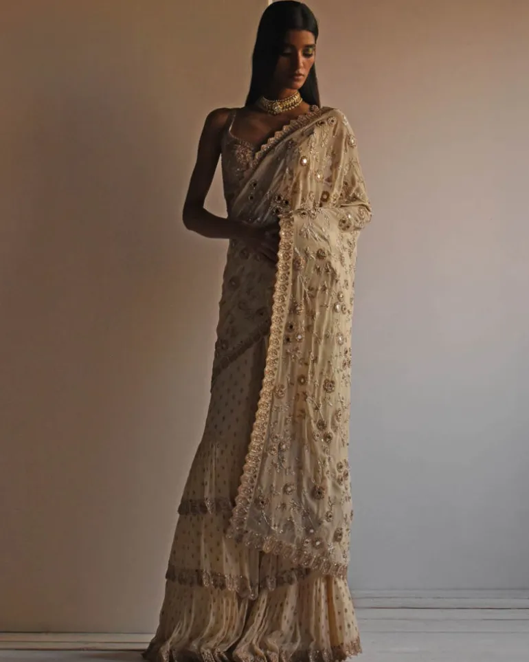 Solid Coconut Embroidered Ruffle Sari Set