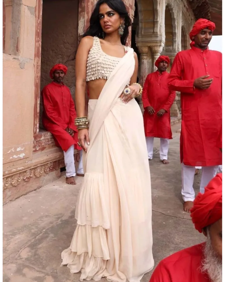 Solid Coconut Ruffle Sari Set