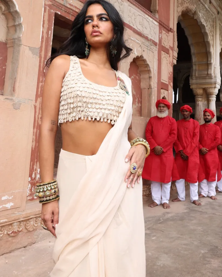 Solid Coconut Ruffle Sari Set