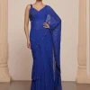 Solid Electric Blue Heavy Tiered Ruffle Sari Set