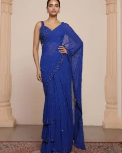 Solid Electric Blue Heavy Tiered Ruffle Sari Set