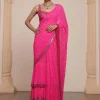 Solid Hot Pink Heavy Tiered Ruffle Sari Set