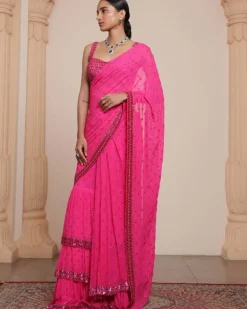 Solid Hot Pink Heavy Tiered Ruffle Sari Set