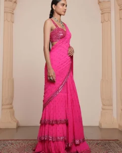 Solid Hot Pink Heavy Tiered Ruffle Sari Set