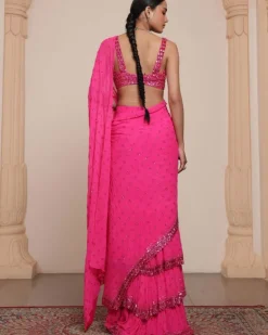 Solid Hot Pink Heavy Tiered Ruffle Sari Set