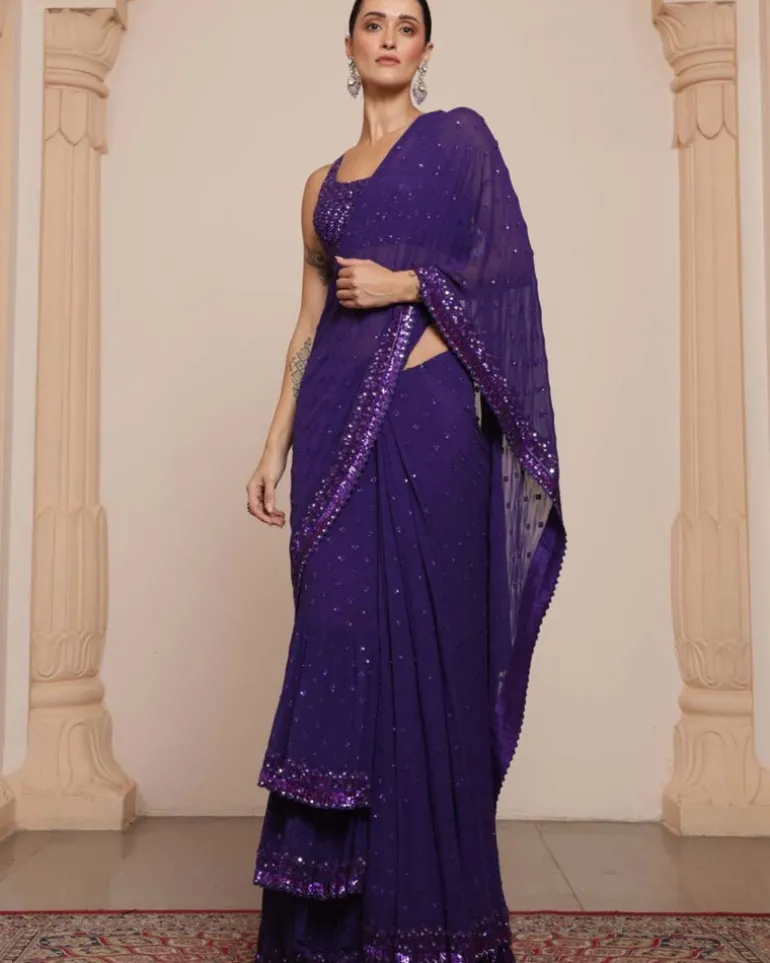 Solid Purple Heavy Tiered Ruffle Sari Set