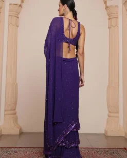 Solid Purple Heavy Tiered Ruffle Sari Set