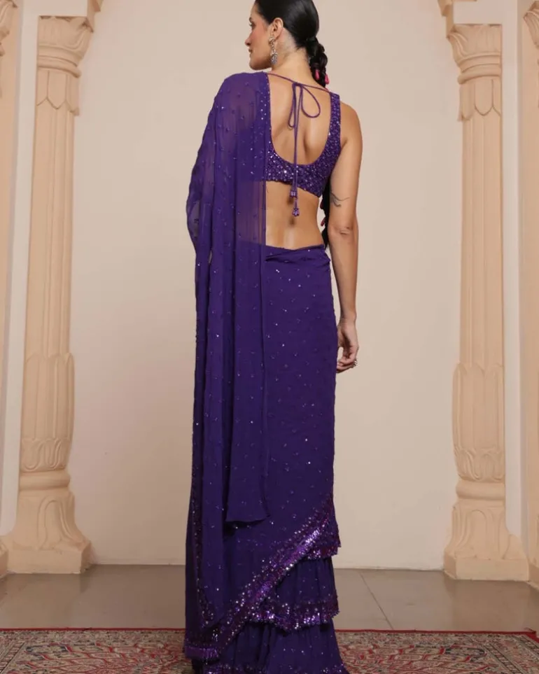 Solid Purple Heavy Tiered Ruffle Sari Set