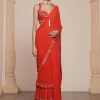 Solid Sindoori Heavy Tiered Ruffle Sari Set