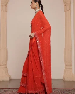 Solid Sindoori Heavy Tiered Ruffle Sari Set