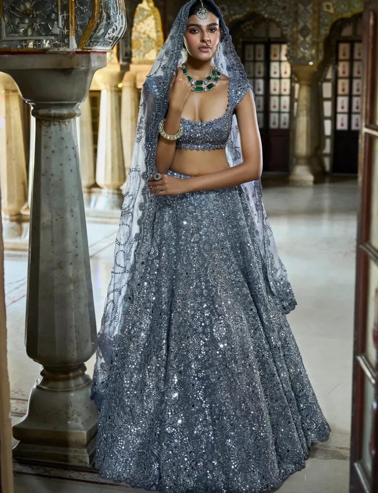 Steel Grey Mirror Work Lehenga Set