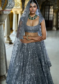 Steel Grey Mirror Work Lehenga Set