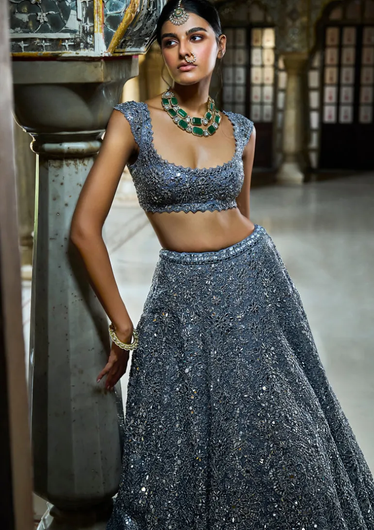 Steel Grey Mirror Work Lehenga Set