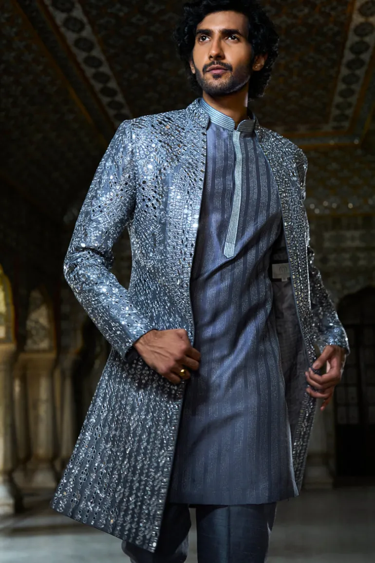Steel Grey Mirror Work Open Jacket Set