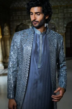 Steel Grey Mirror Work Open Jacket Set