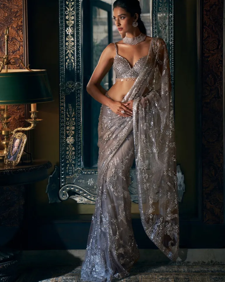 Steel Grey Sequin Sari Set