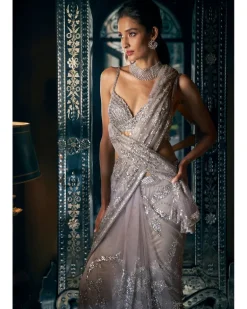Steel Grey Sequin Sari Set