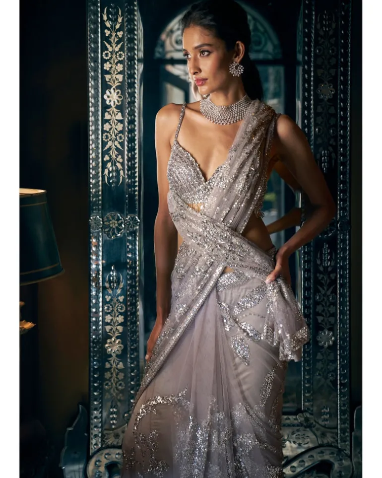 Steel Grey Sequin Sari Set