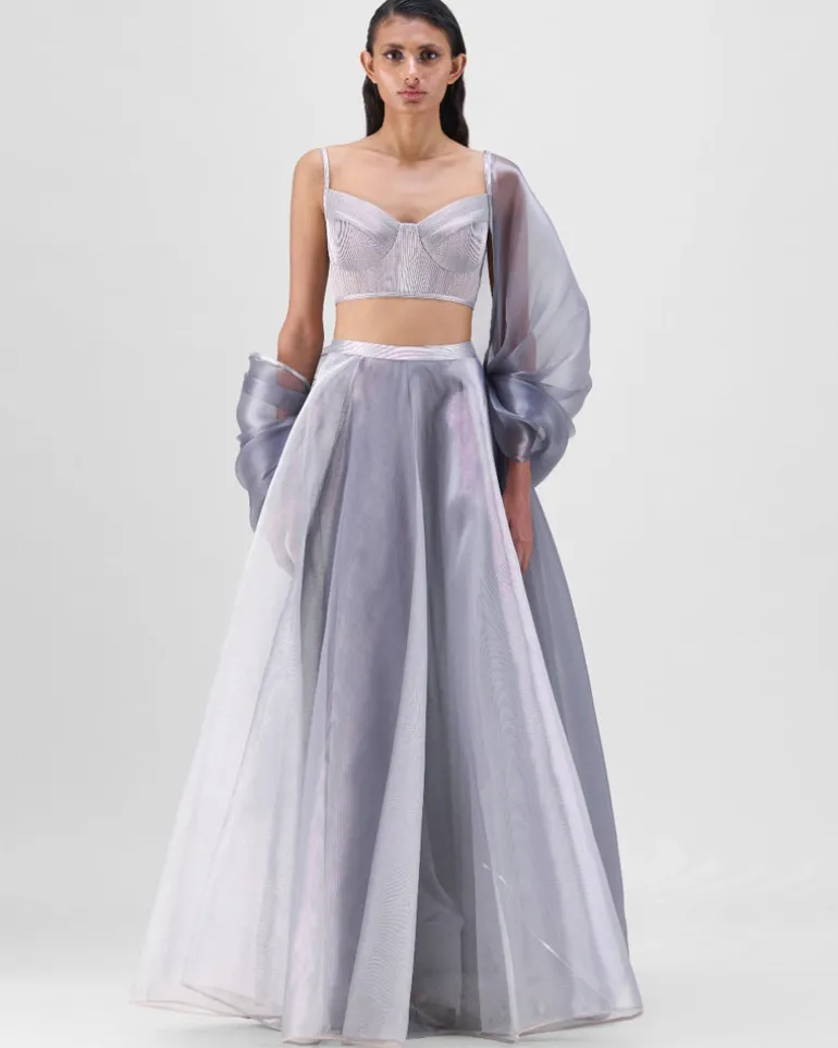 Steel Liquid Mesh Lehenga Set