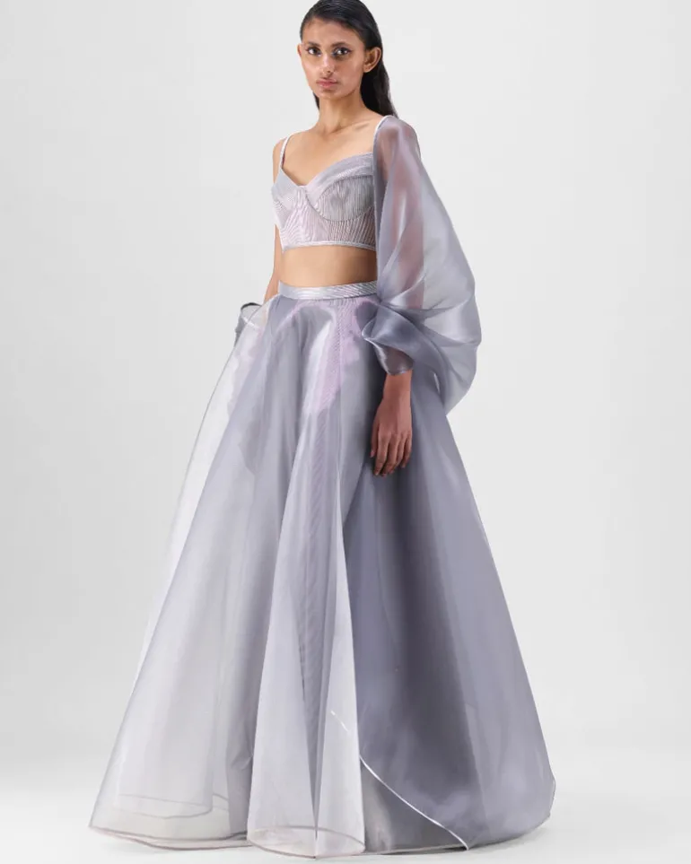 Steel Liquid Mesh Lehenga Set