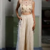 Stone Embroidered Bib With Ruffle And Side Tie-Up Bustier With Pant Set