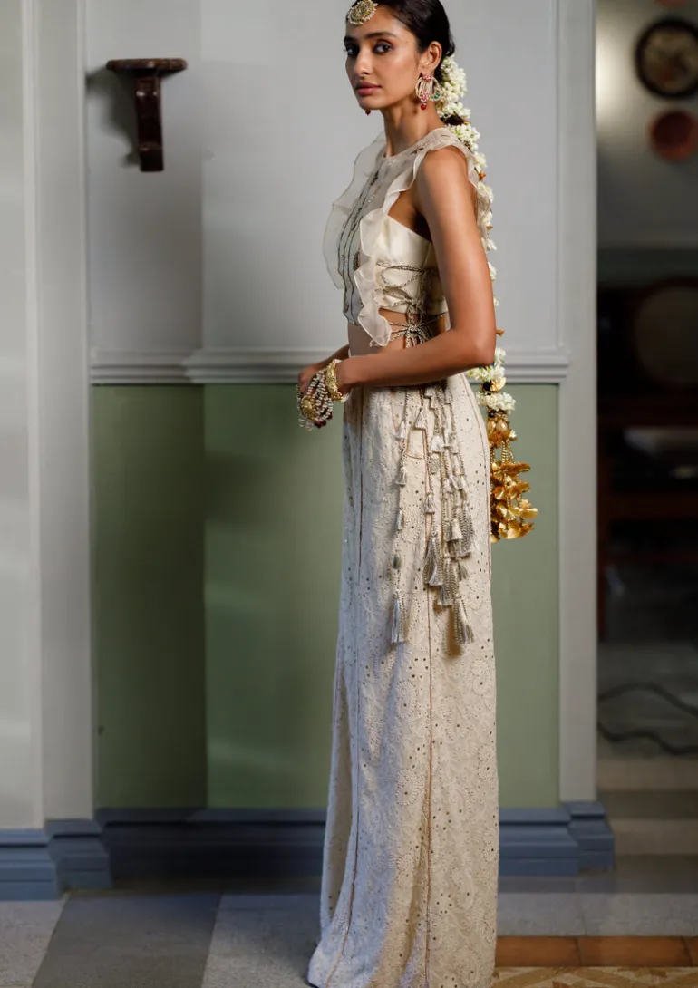 Stone Embroidered Bib With Ruffle And Side Tie-Up Bustier With Pant Set