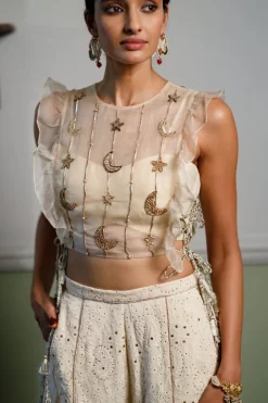 Stone Embroidered Bib With Ruffle And Side Tie-Up Bustier With Pant Set